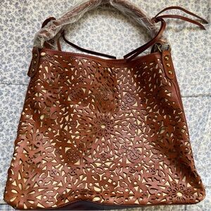 Anthropologie Isabella Fiore Brown Laser Cut Leather Tote Bag